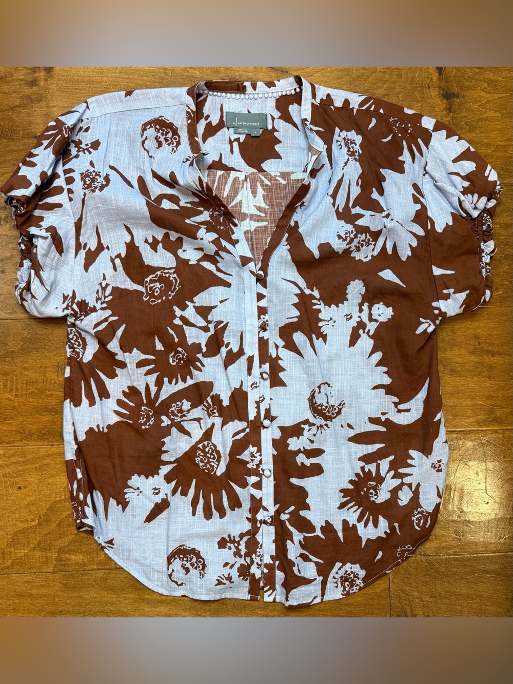 Anthropologie Lavender Brown Floral Cotton Button Front Blouse Large